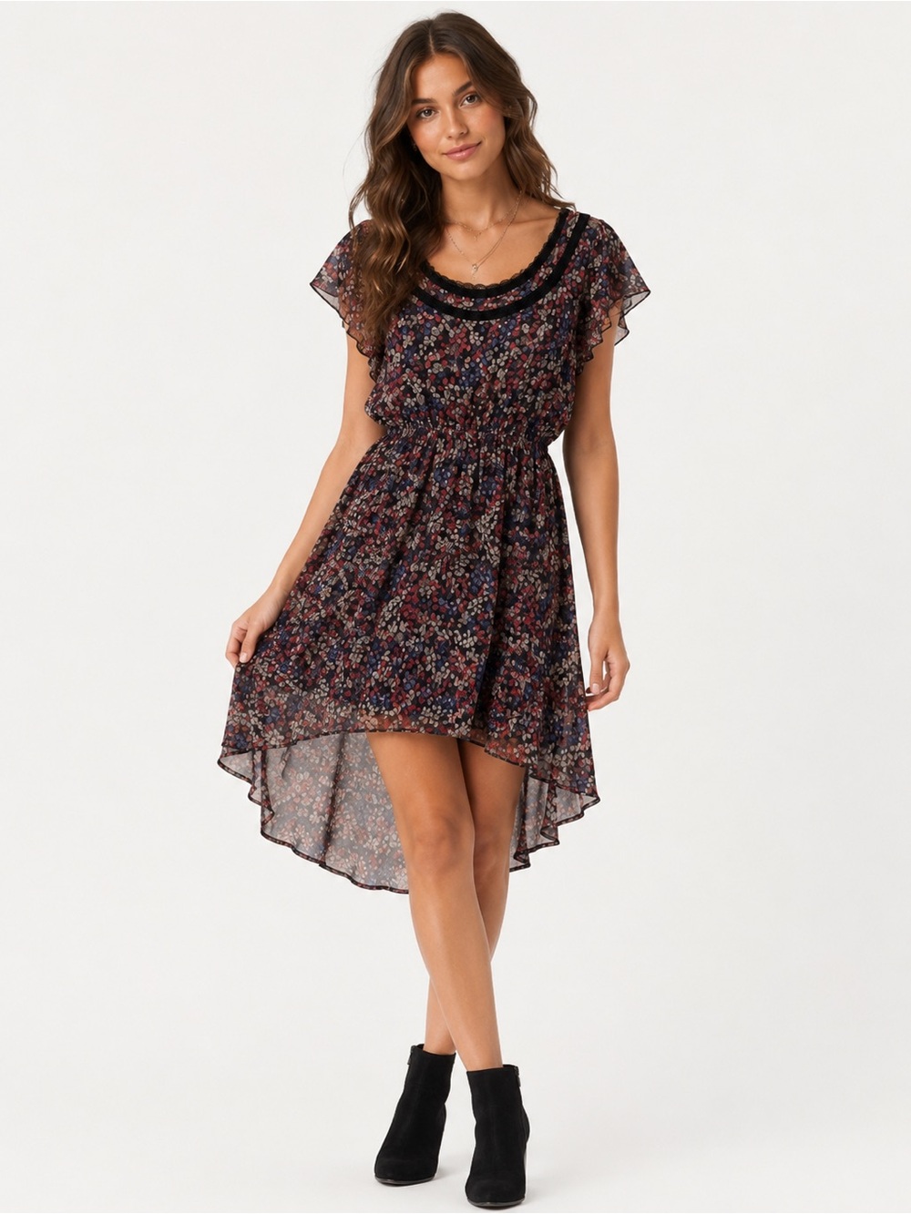 American Rag Floral Lace Trim Dress Size L Boho Sheer Hi Low Hem